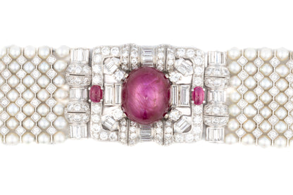 Art Deco Diamond, Ruby & Multi Stranded Pearl Bracelet