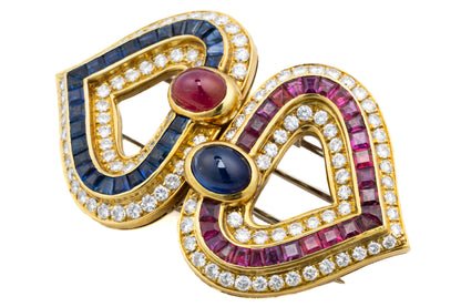 Faraone Cabochon Ruby, Sapphire, and Diamond Heart Earring & Brooch Set