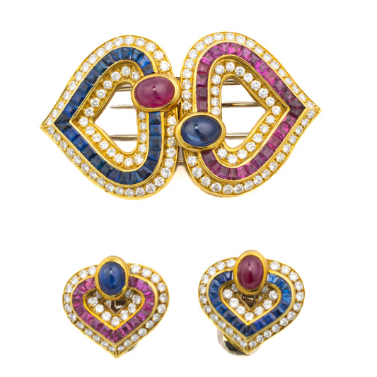 Faraone Cabochon Ruby, Sapphire, and Diamond Heart Earring & Brooch Set