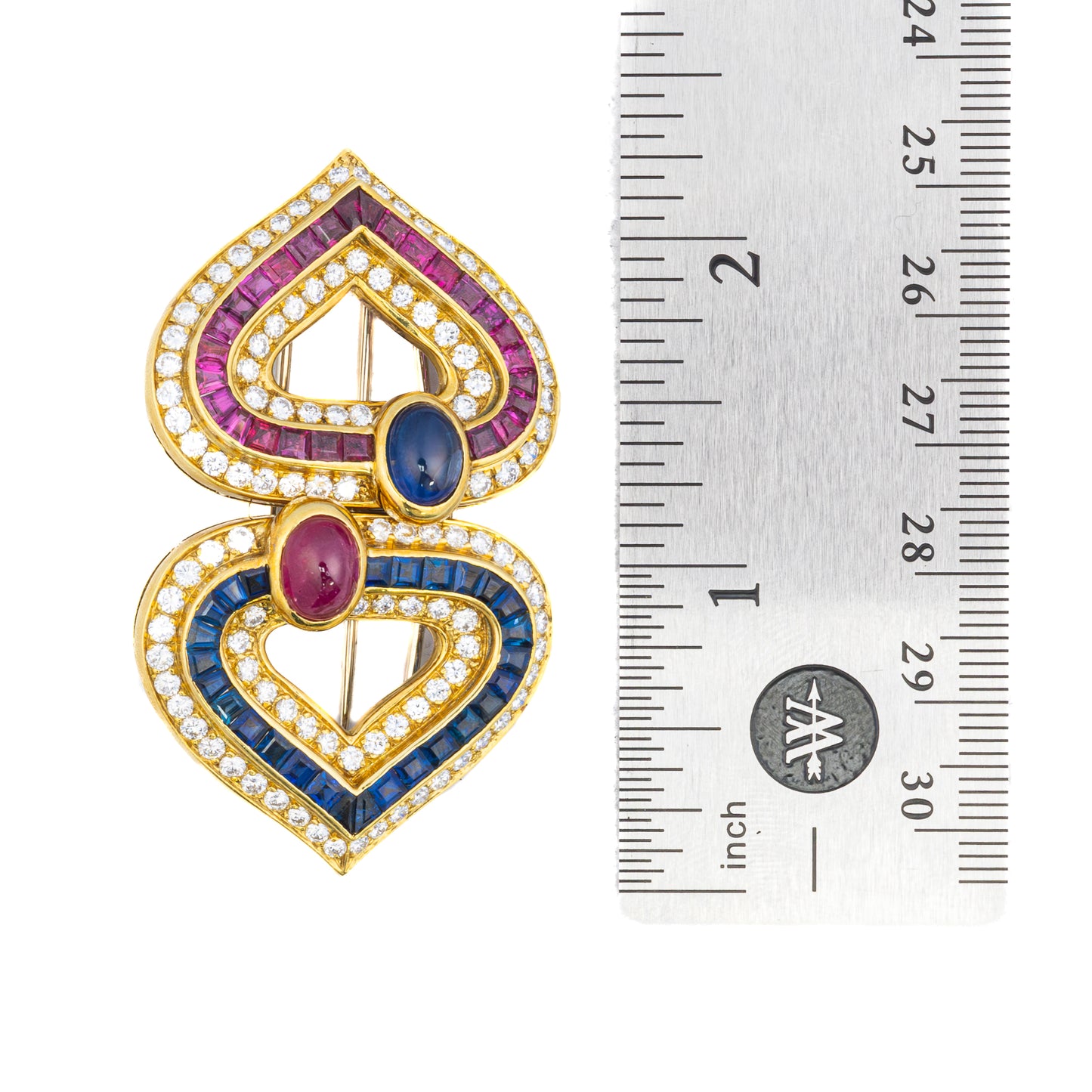 Faraone Cabochon Ruby, Sapphire, and Diamond Heart Earring & Brooch Set