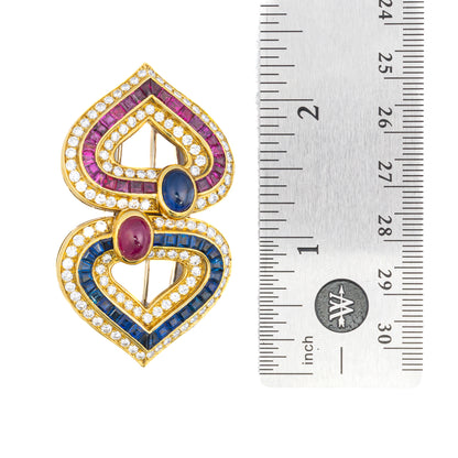 Faraone Cabochon Ruby, Sapphire, and Diamond Heart Earring & Brooch Set