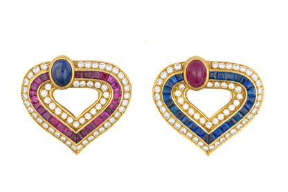 Faraone Cabochon Ruby, Sapphire, and Diamond Heart Earring & Brooch Set