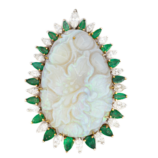 Carved Opal Emerald and Diamond Halo Brooch