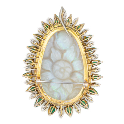 Carved Opal Emerald and Diamond Halo Brooch
