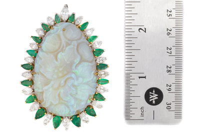 Carved Opal Emerald and Diamond Halo Brooch