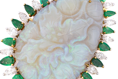 Carved Opal Emerald and Diamond Halo Brooch