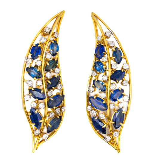 Diamond and Sapphire Leaf Brooch Pair