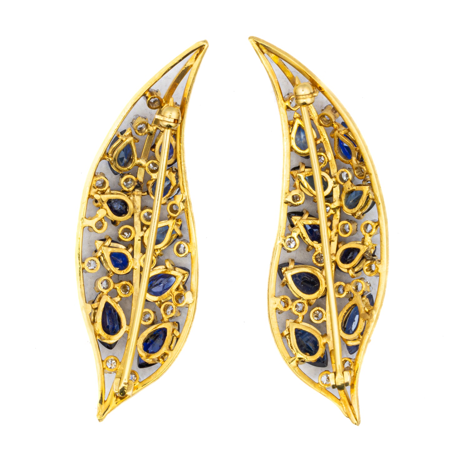 Diamond and Sapphire Leaf Brooch Pair