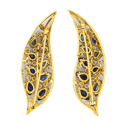 Diamond and Sapphire Leaf Brooch Pair