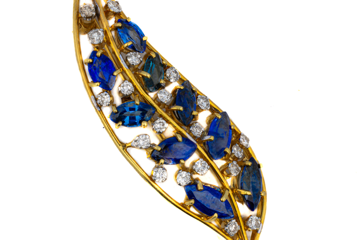 Diamond and Sapphire Leaf Brooch Pair