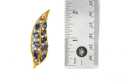 Diamond and Sapphire Leaf Brooch Pair