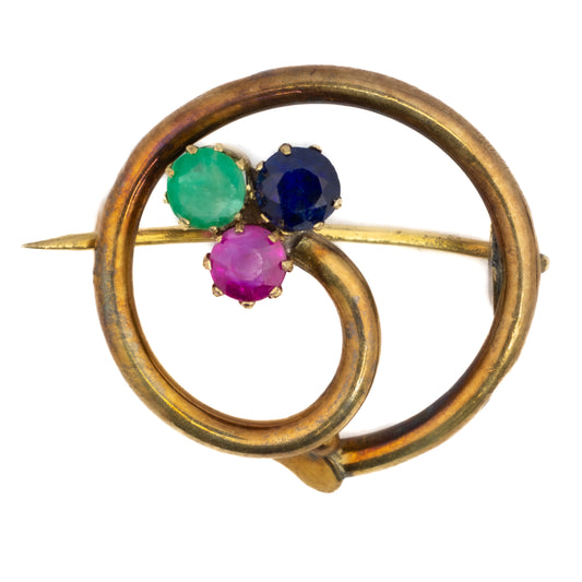 Vintage Emerald, Sapphire & Ruby Circular Brooch