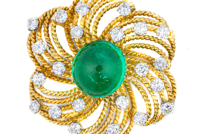 Diamond and Cabochon Emerald Floral Brooch