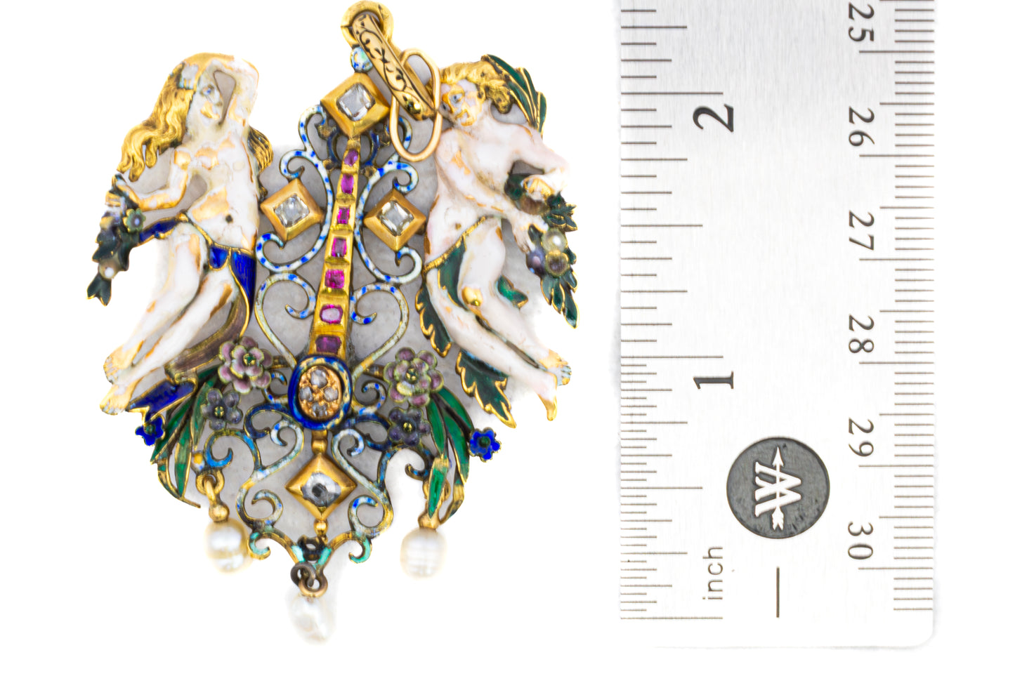 Renaissance Revival Enamel, Ruby, Diamond, and Pearl Pendant Brooch