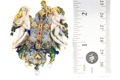 Renaissance Revival Enamel, Ruby, Diamond, and Pearl Pendant Brooch