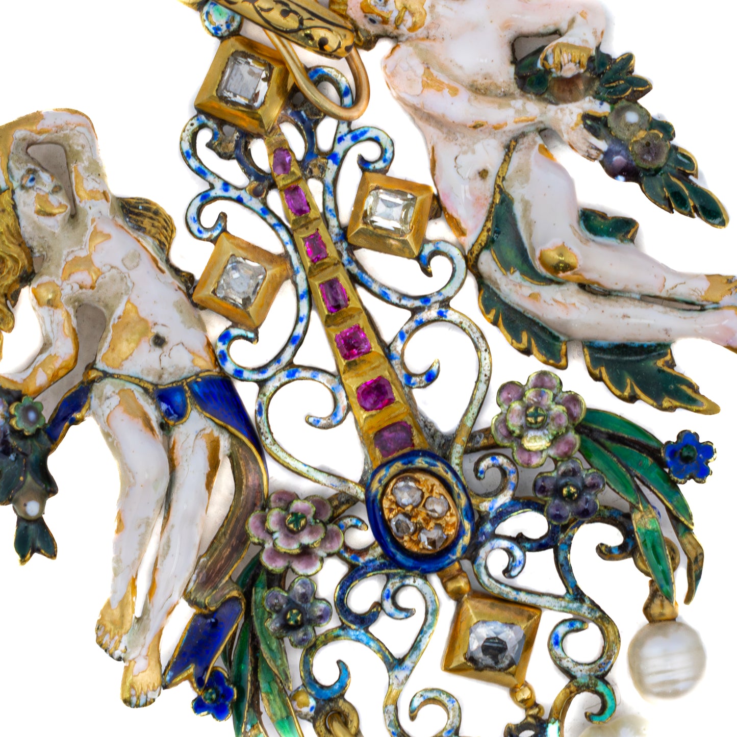 Renaissance Revival Enamel, Ruby, Diamond, and Pearl Pendant Brooch