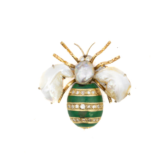 Antique Diamond, Green Enamel & Pearl Scarab Brooch