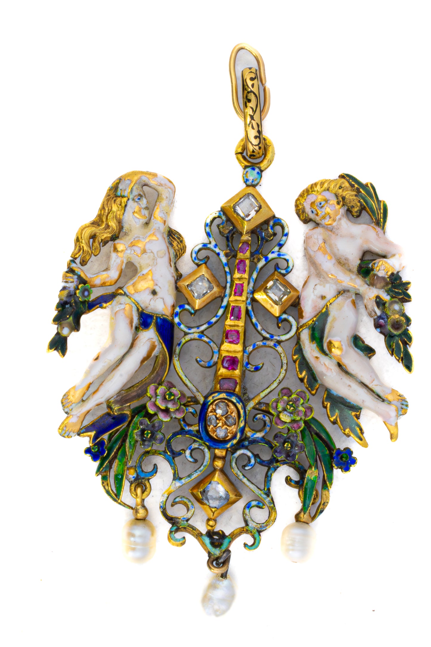Renaissance Revival Enamel, Ruby, Diamond, and Pearl Pendant Brooch