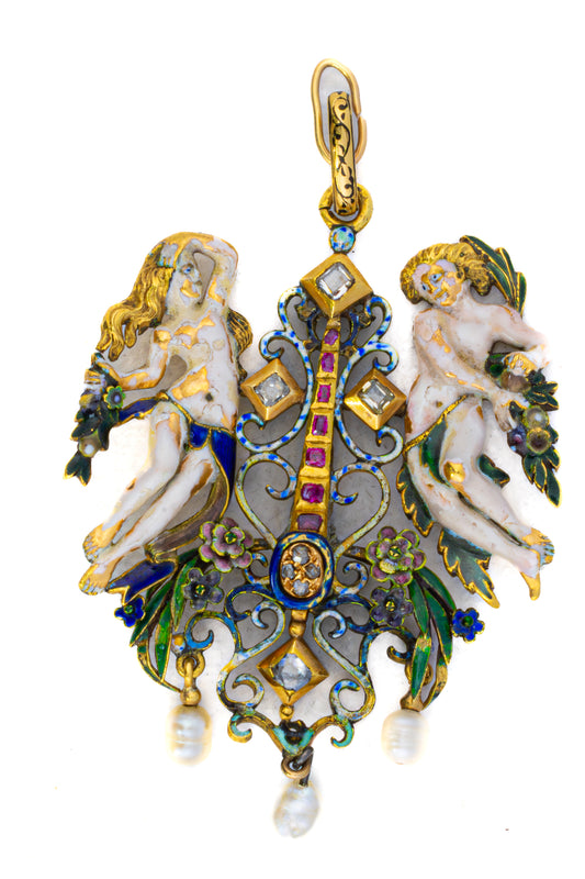 Renaissance Revival Enamel, Ruby, Diamond, and Pearl Pendant Brooch