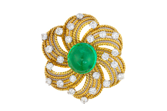 Diamond and Cabochon Emerald Floral Brooch