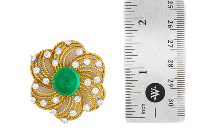 Diamond and Cabochon Emerald Floral Brooch