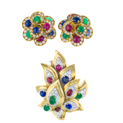 Bulgari Cabochon Ruby, Sapphire, and Emerald Earrings and Brooch