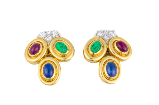 David Webb Three Stone Cabochon and Diamond Earrings