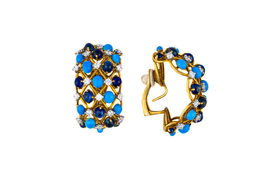 Verdura Turquoise, Cabochon Sapphire and Diamond Hoop Earrings