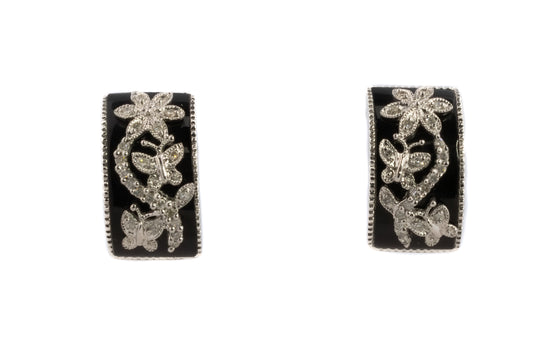 Black Enamel and Diamond Butterfly Motif Earrings