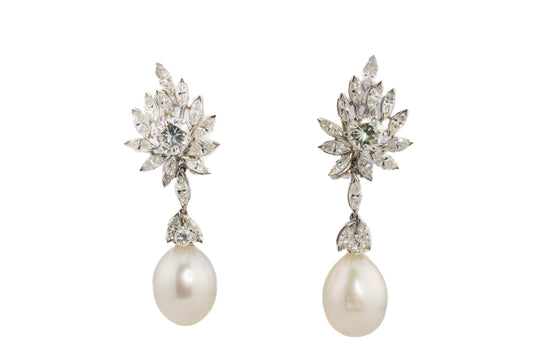 Platinum Floral Diamond and Pearl Drop Earrings