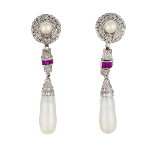 Art Deco Pearl, Ruby, and Diamond Drop Earrings