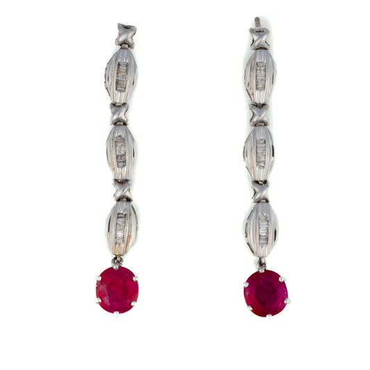 Ruby and Baguette Diamond Drop Earrings
