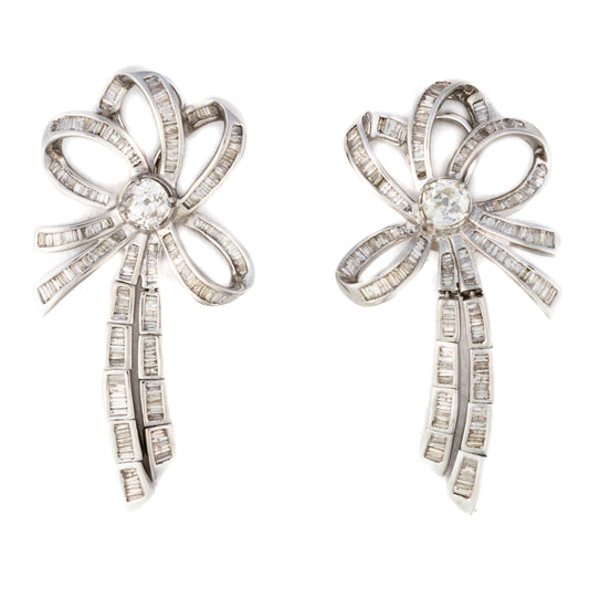 Diamond Bow Motif Earrings with Old Cut and Baguette Diamonds