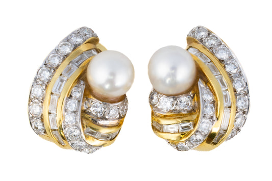 Pearl and Diamond Swirl Clip-On Earrings