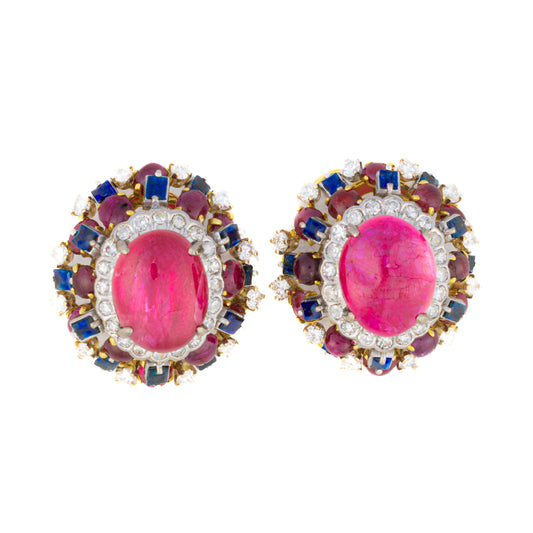 Cabochon Ruby, Sapphire, and Diamond Cluster Earrings