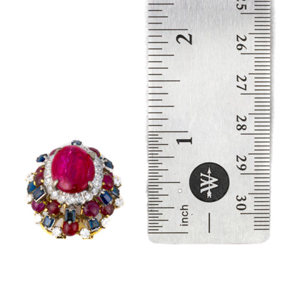Cabochon Ruby, Sapphire, and Diamond Cluster Earrings