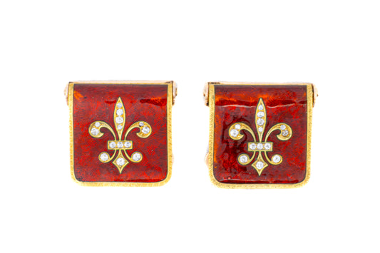 Diamond and Red Enamel Fleur-de-Lis Earrings