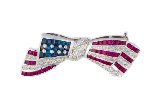 Patriotic Ruby, Sapphire and Diamond Flag Ribbon Brooch