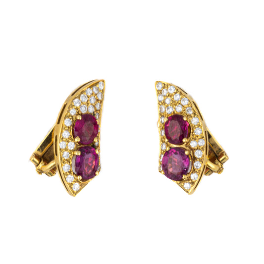 Vintage Gold Diamond and Ruby Crescent Earrings
