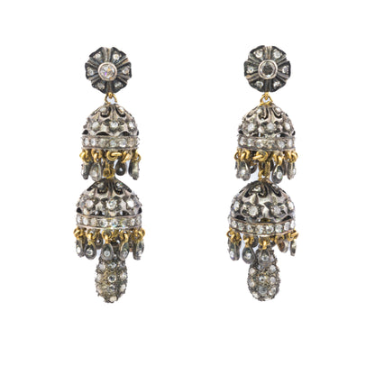 Antique Rose Cut Diamond Chandelier Earrings in Silver and Gold