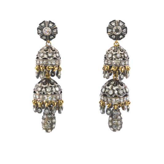 Antique Rose Cut Diamond Chandelier Earrings in Silver and Gold
