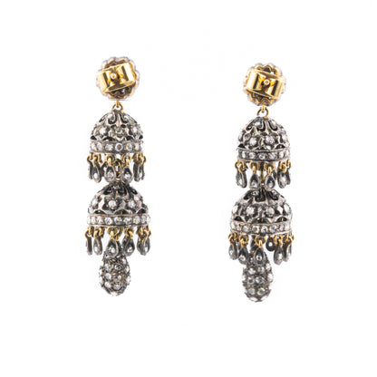 Antique Rose Cut Diamond Chandelier Earrings in Silver and Gold