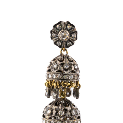 Antique Rose Cut Diamond Chandelier Earrings in Silver and Gold