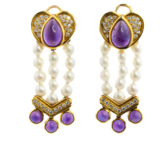 Cabochon Amethyst and Pearl Heart Shaped Drop Earrings
