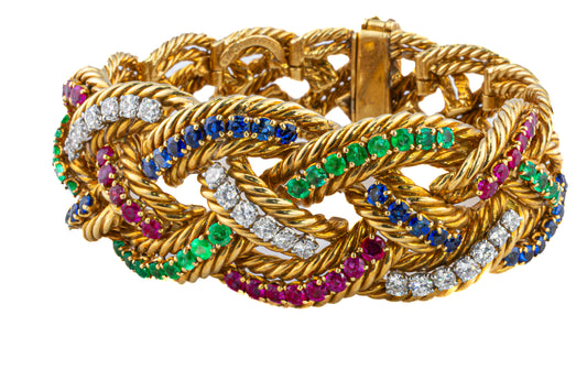 Boucheron Multigem and Diamond Braided Gold Bracelet