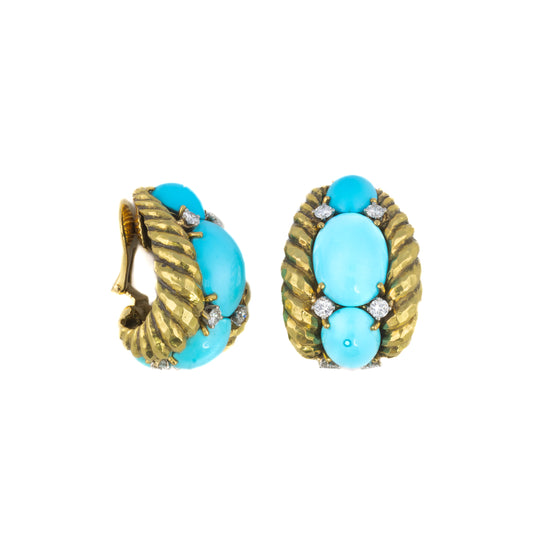 David Webb Diamond and Turquoise Gold Earrings