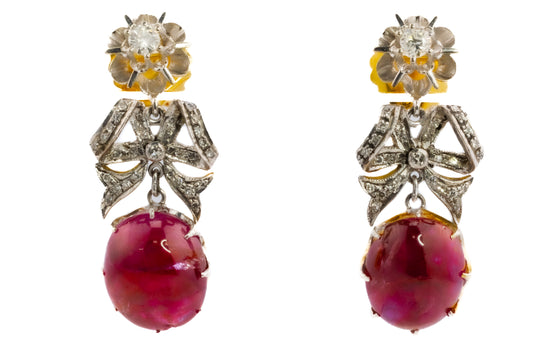 Antique Ruby Cabochon and Diamond Bow Drop Earrings