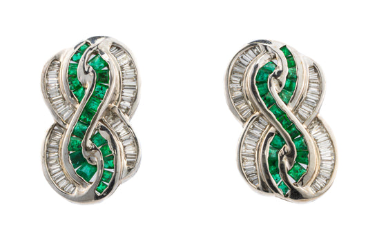 Emerald and Diamond Ribbon Motif Earrings