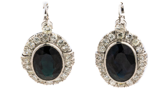 Diamond and Oval Sapphire Halo Drop Earrings