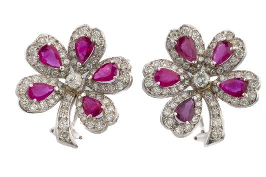 Ruby and Diamond Platinum Clover Earrings